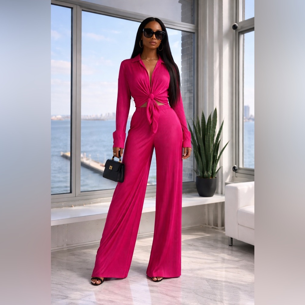 Pleated Crinkle Luxe Set – Fuchsia Flow